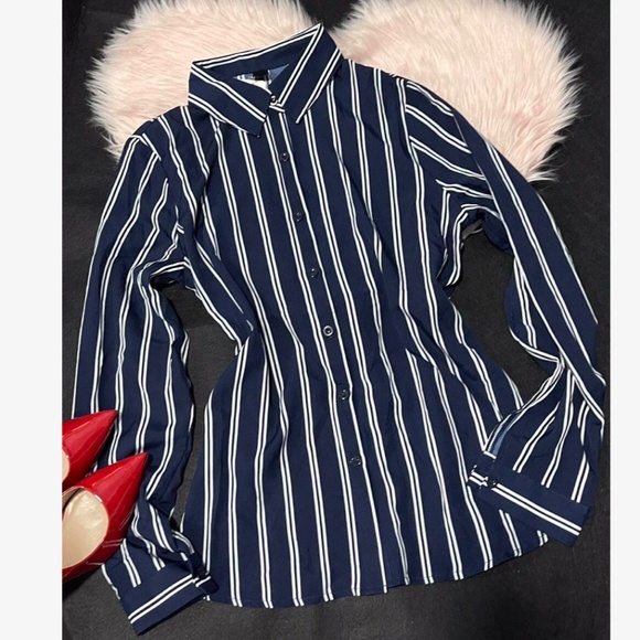 Navy Blue White Striped Shirt Button Up / Down Long Sleeve, Collar - Picture 10 of 12